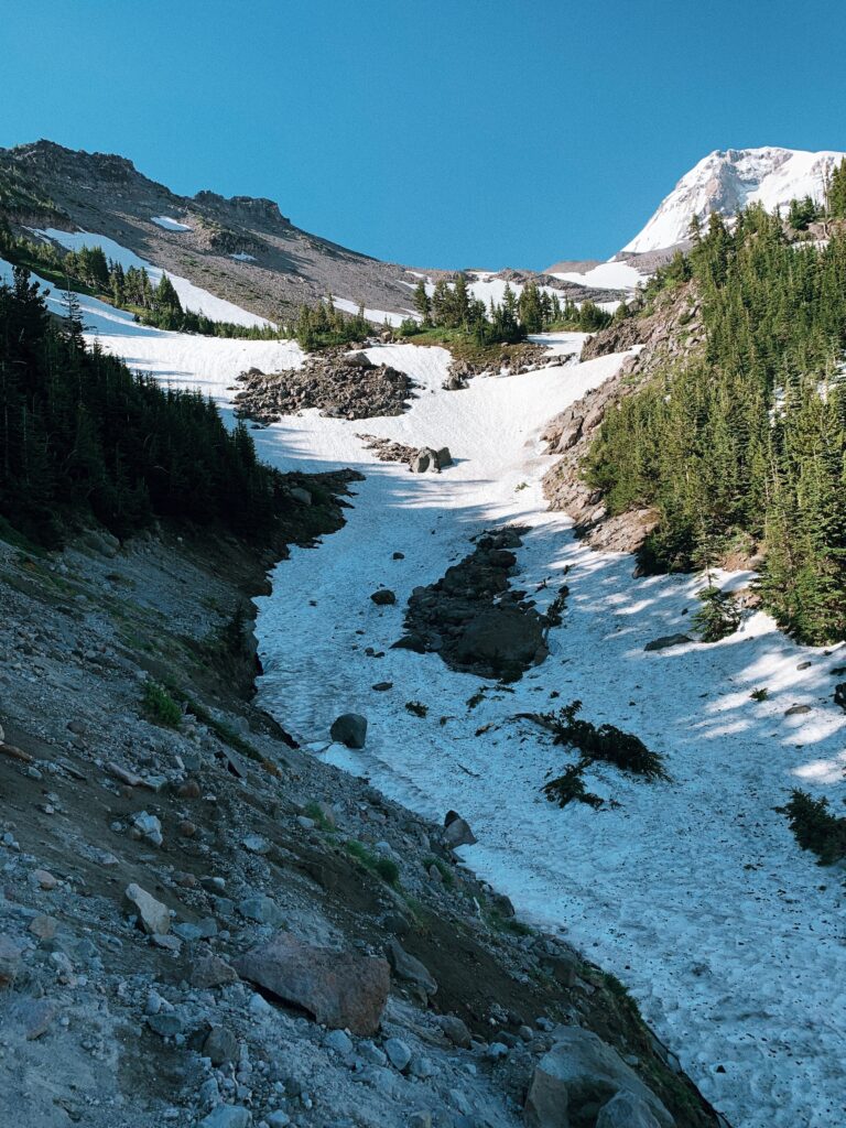 Snowy crossing on Timberline Trail Mt Hood